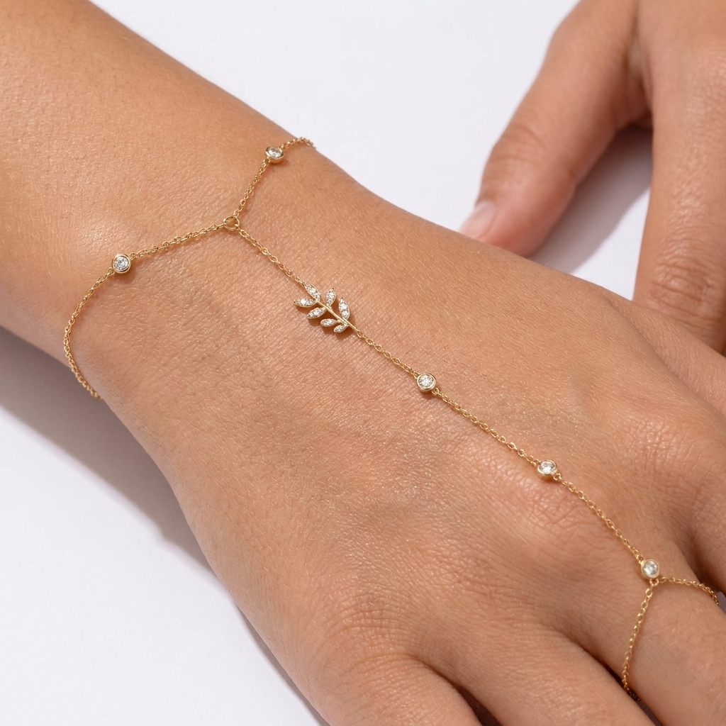 Laurel Crystal Leaf Hand Chain