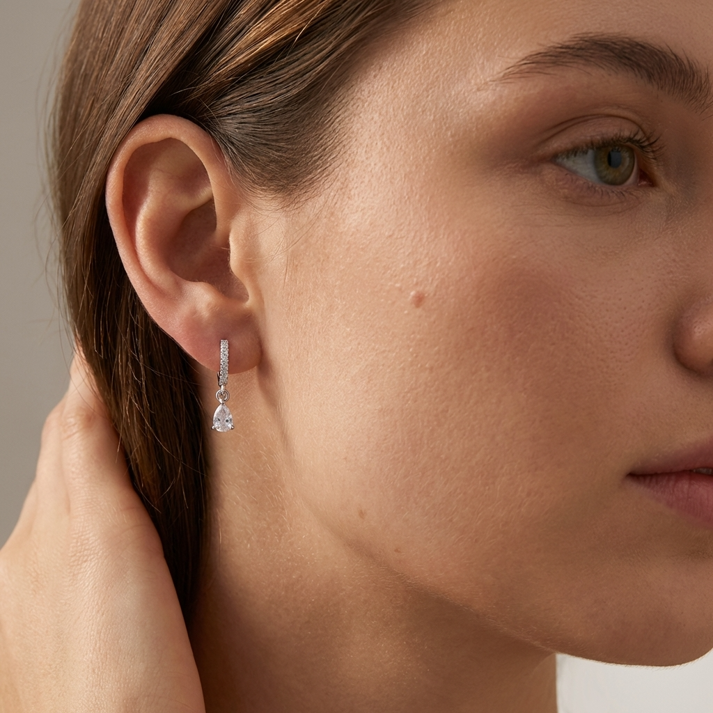 Silver Hoops with White Crystals
